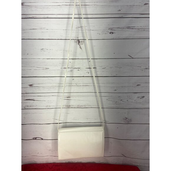 White Leather Clutch With Long Shoulder Strap - Navy Trim - Picture 3 of 7